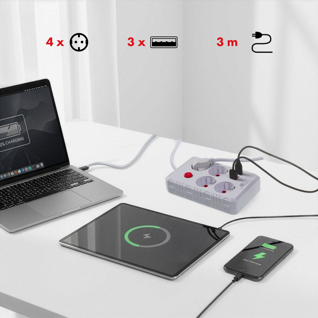 Maclean power strip, 4-socket extension cable + 3xUSB, 110-240V AC 50/60Hz, 2.1A max 2500W, 3m, white, MCE393 W