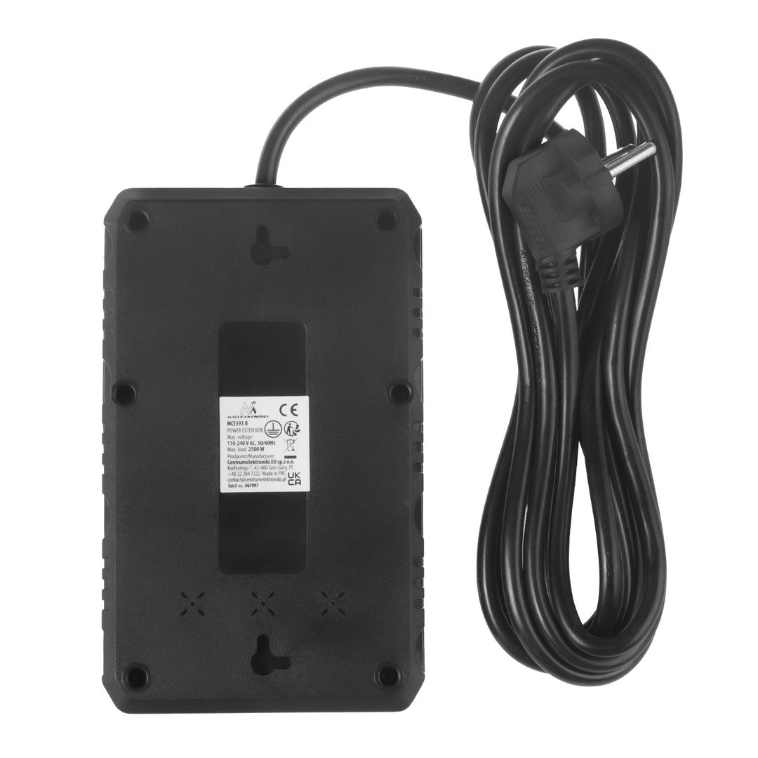 Maclean power strip, 4-socket extension cable + 3xUSB, 110-240V AC 50/60Hz, 2.1A max 2500W, 3m, black, MCE393 B