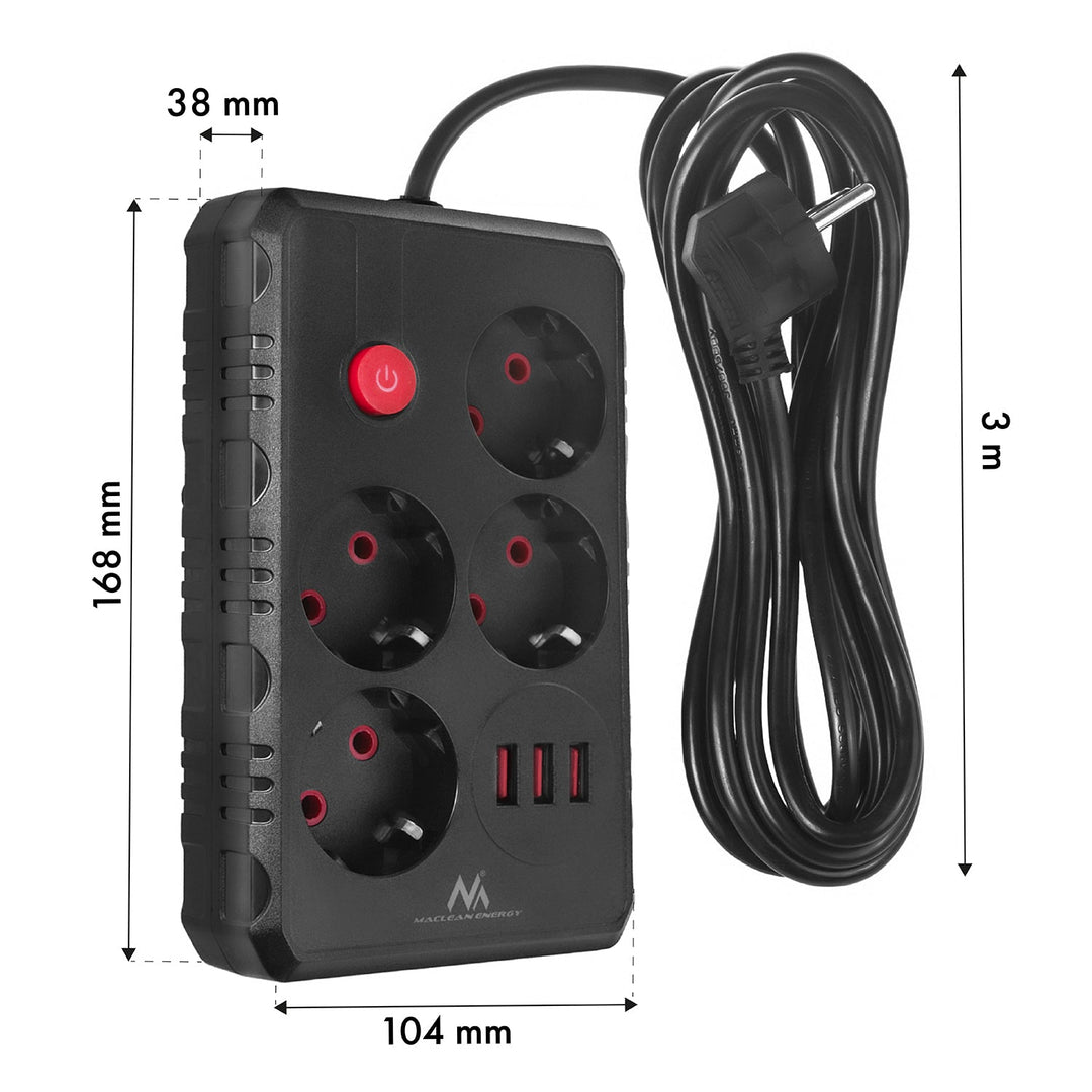 Maclean power strip, 4-socket extension cable + 3xUSB, 110-240V AC 50/60Hz, 2.1A max 2500W, 3m, black, MCE393 B