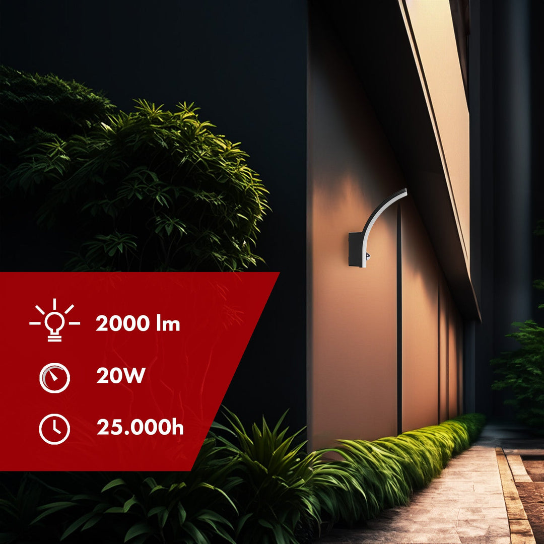 Maclean motion sensor LED lamp, PIR motion sensor, black, 20W, IP65, 2000lm, neutral white (4000K) MCE512 B, 2 pieces