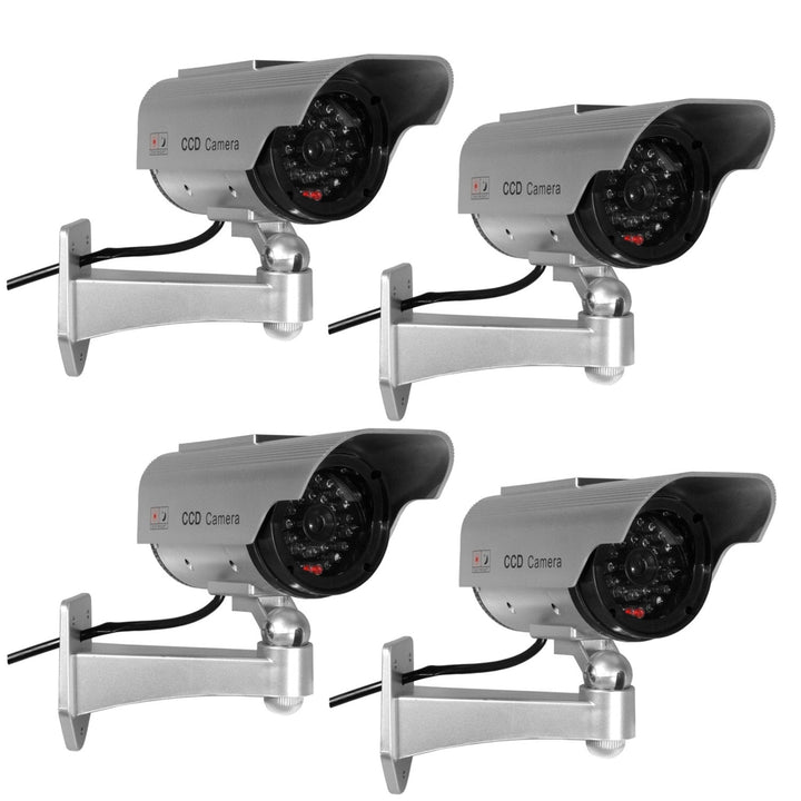 Maclean 4-Pack Realistic Solar-Powered Dummy Surveillance Camera with Flashing LED - Weatherproof Dummy CCTV Camera Model for Indoor and Outdoor Use, Easy Installation