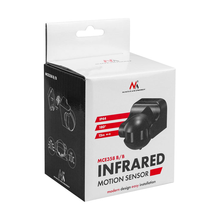 Maclean PIR motion sensor, infrared, IP44, black with black cover, range 12 m, max. load 300/1200 W, MCE358 B/B