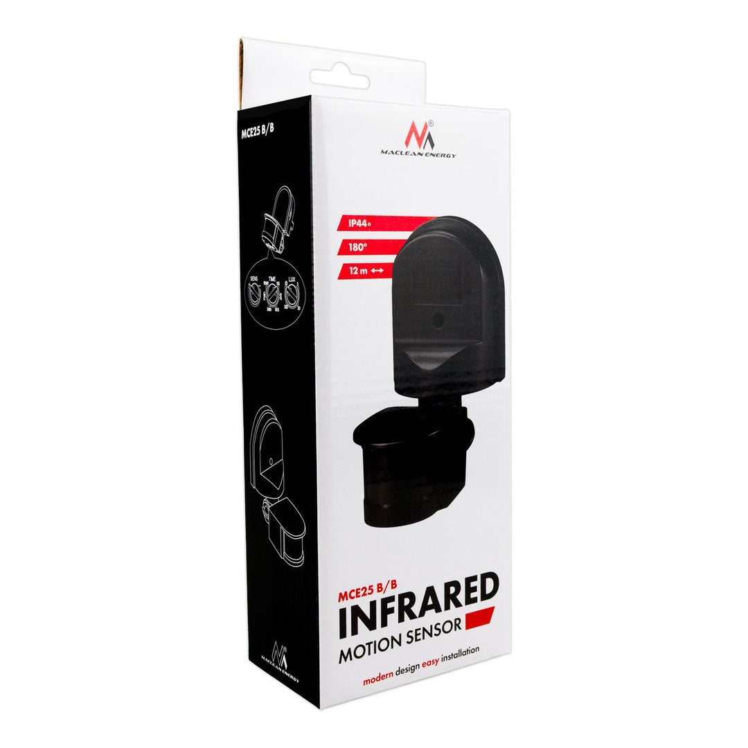 Maclean wall-mounted motion and twilight sensor, 180°, max. 1200W, black with black cover, MCE25 B/B