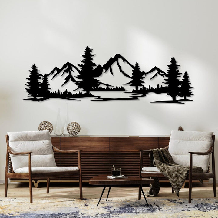 Openwork painting, 3D wall decoration, 3D painting "Mountains with forest" 180x61cm Black