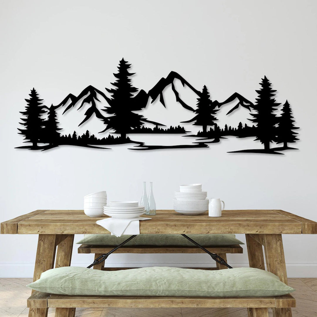 Openwork painting, 3D wall decoration, 3D painting "Mountains with forest" 120x41cm Black