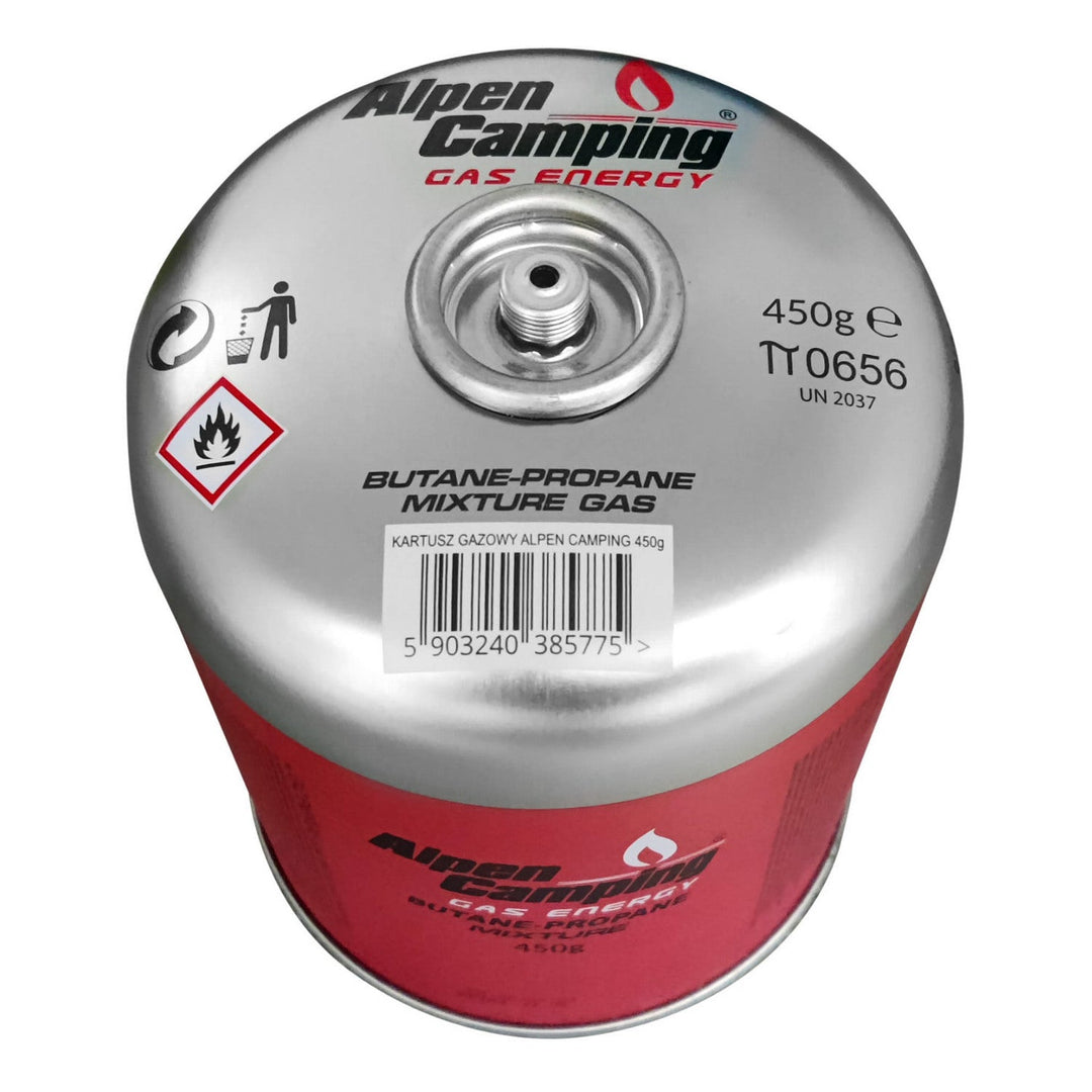 Alpen Camping 450g gas cartridge. certification: Pi 0437, complies with EN417, propane-butane, range -10°c to+ 40°c, 7/16" threaded valve IK020