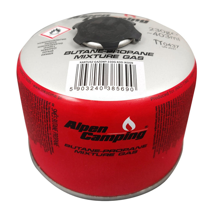 Alpen Camping 230g gas cartridge. certification: Pi 0656, complies with EN417, propane-butane, range -10°C to + 40°C, 7/16" threaded valve IK009
