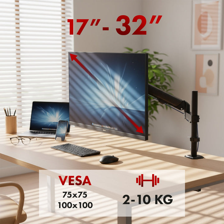 Maclean monitor mount, gas spring, 17"-32", 2-10kg, black, MC-135