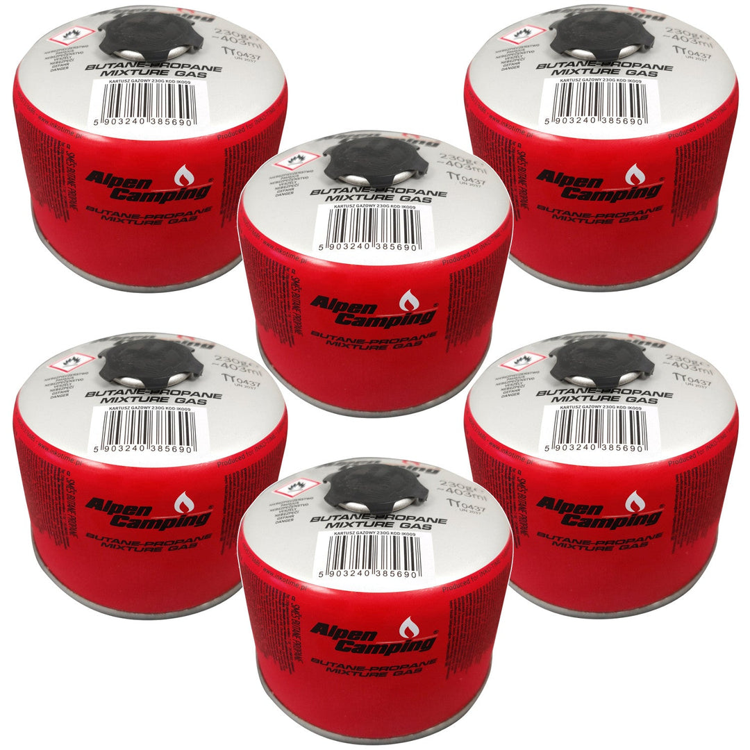 Alpen Camping 230g gas cartridge. certificate: Pi 0656, complies with EN417, propane-butane, range -10°c to+ 40°c, 7/16" IK009 threaded valve, 6 pieces