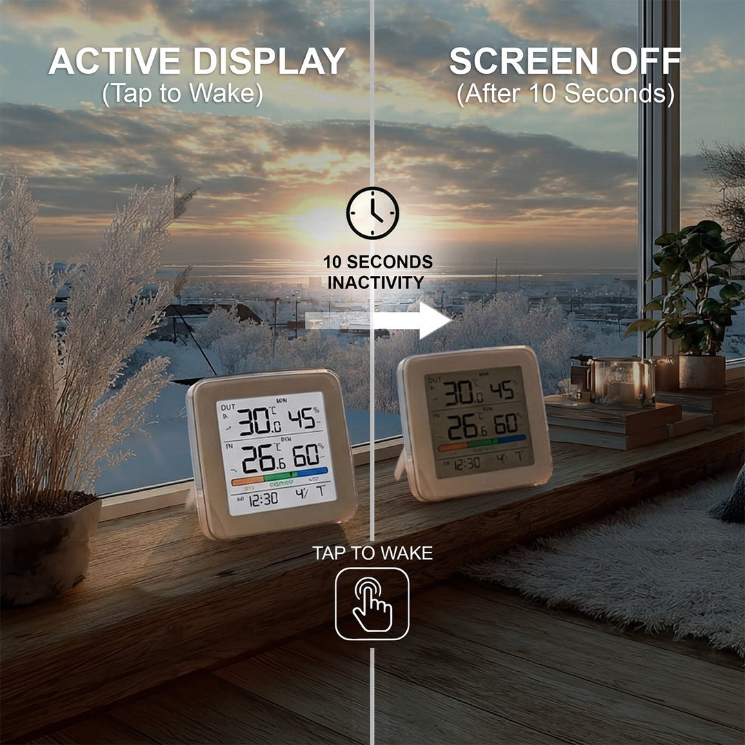 GreenBlue wireless weather station, temperature + humidity IN/OUT, clock + alarm + date, °C / °F selectable, range up to 60m, GB169