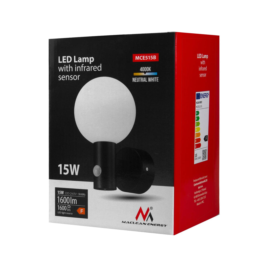 Maclean motion sensor LED lamp, PIR motion sensor, black, 15W, IP65, 1600lm, neutral white (4000K) MCE515 B, 2 pieces