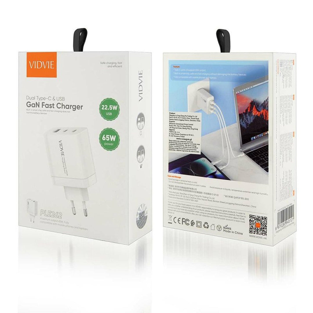 VIDVIE mains charger, 3A, 65W, 2x USB-C, 1x USB, USB-C/USB-C cable, PLE262
