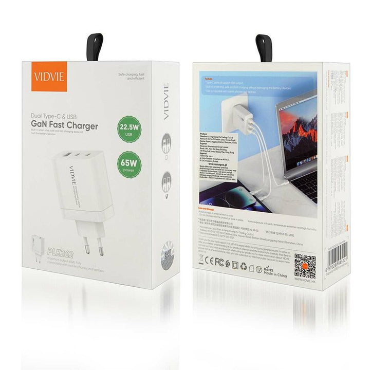 VIDVIE mains charger, 3A, 65W, 2x USB-C, 1x USB, USB-C/USB-C cable, PLE262