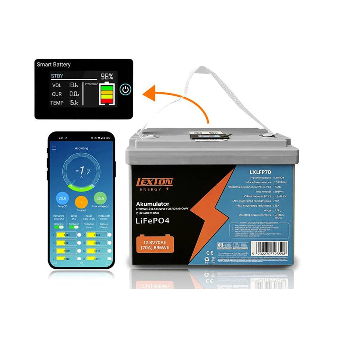 LiFePo4 Lexton lithium-iron-phosphate battery, with BMS, 12.8V, 70Ah, LXLFP70