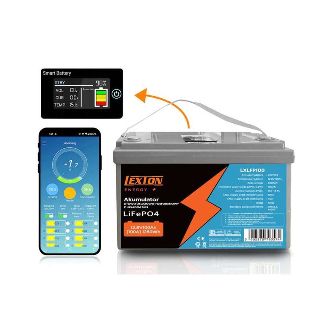 LiFePo4 Lexton lithium-iron-phosphate battery, with BMS, 12.8V, 100Ah, LXLFP100