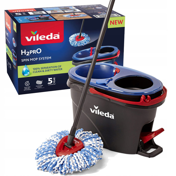 Vileda rotary mop, two chambers, centrifugation system, folding bar, easy corner cleaning, turbo H2prO