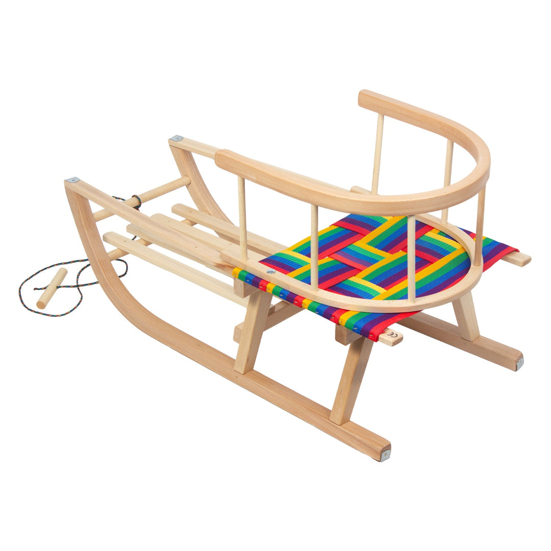 GreenBlue wooden sled, backrest, fabric seat, cord, up to 100 kg, GB154
