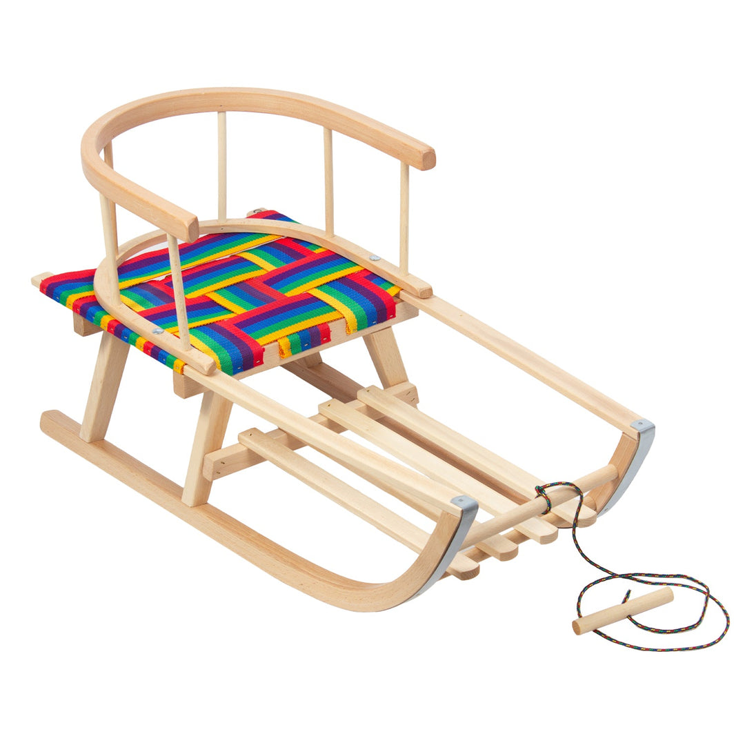 GreenBlue wooden sled, backrest, fabric seat, cord, up to 100 kg, GB154
