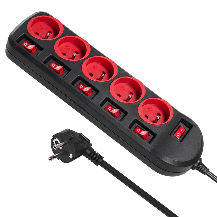 Maclean power strip, 5 outlet extension cord, with switches, 250VAC/10A, 1.5m, MCE204, 2 pieces