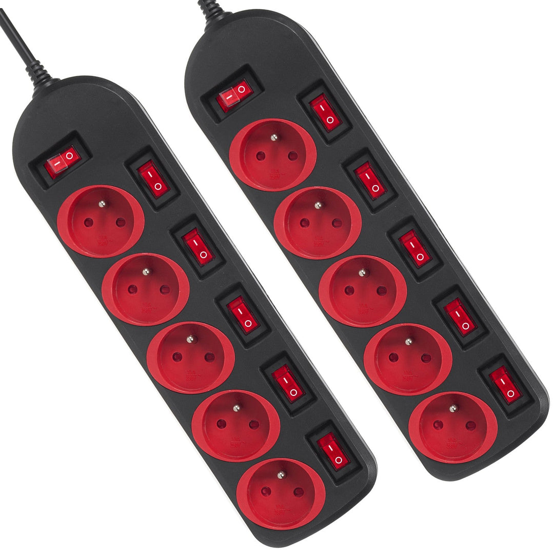 Maclean power strip, 5 outlet extension cord, with switches, 250VAC/10A, 1.5m, MCE204, 2 pieces