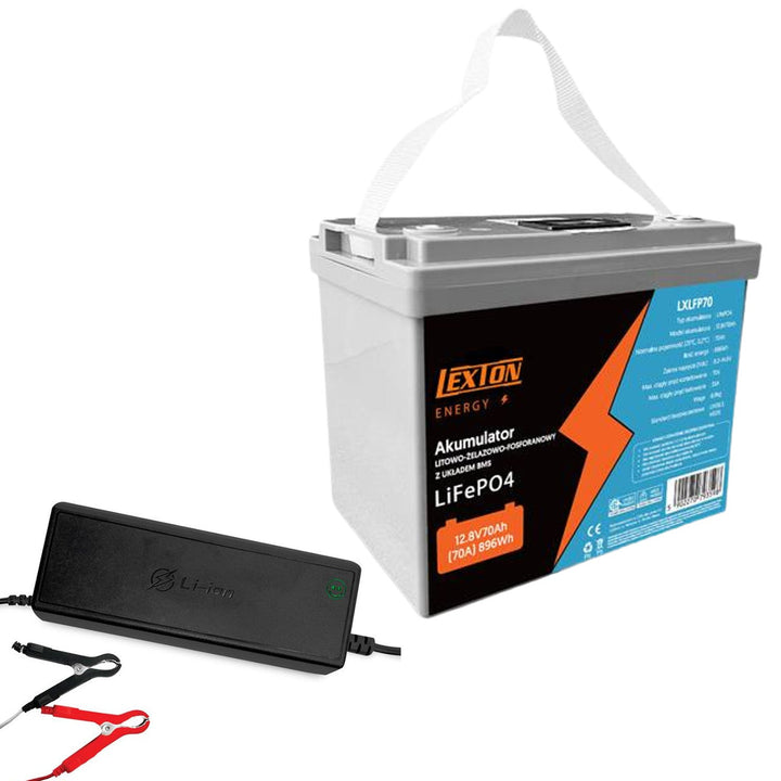 LiFePo4 Lexton lithium-iron-phosphate battery, with BMS, 12.8V, 70Ah, LXLFP70 + LTC Energy LiFePO4 battery charger