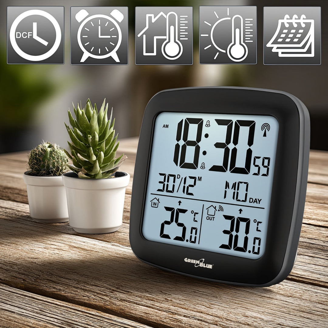 GreenBlue wireless weather station, with DCF system, calendar, alarm, GB542 + 4x Varta Industrial AAA alkaline battery