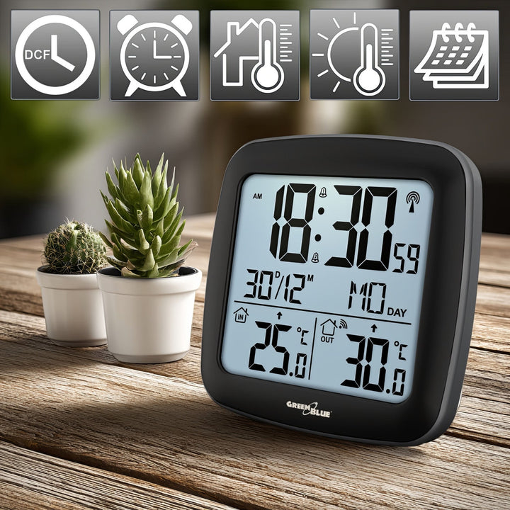 GreenBlue wireless weather station, with DCF system, calendar, alarm, GB542 + 4x Varta Industrial AAA alkaline battery