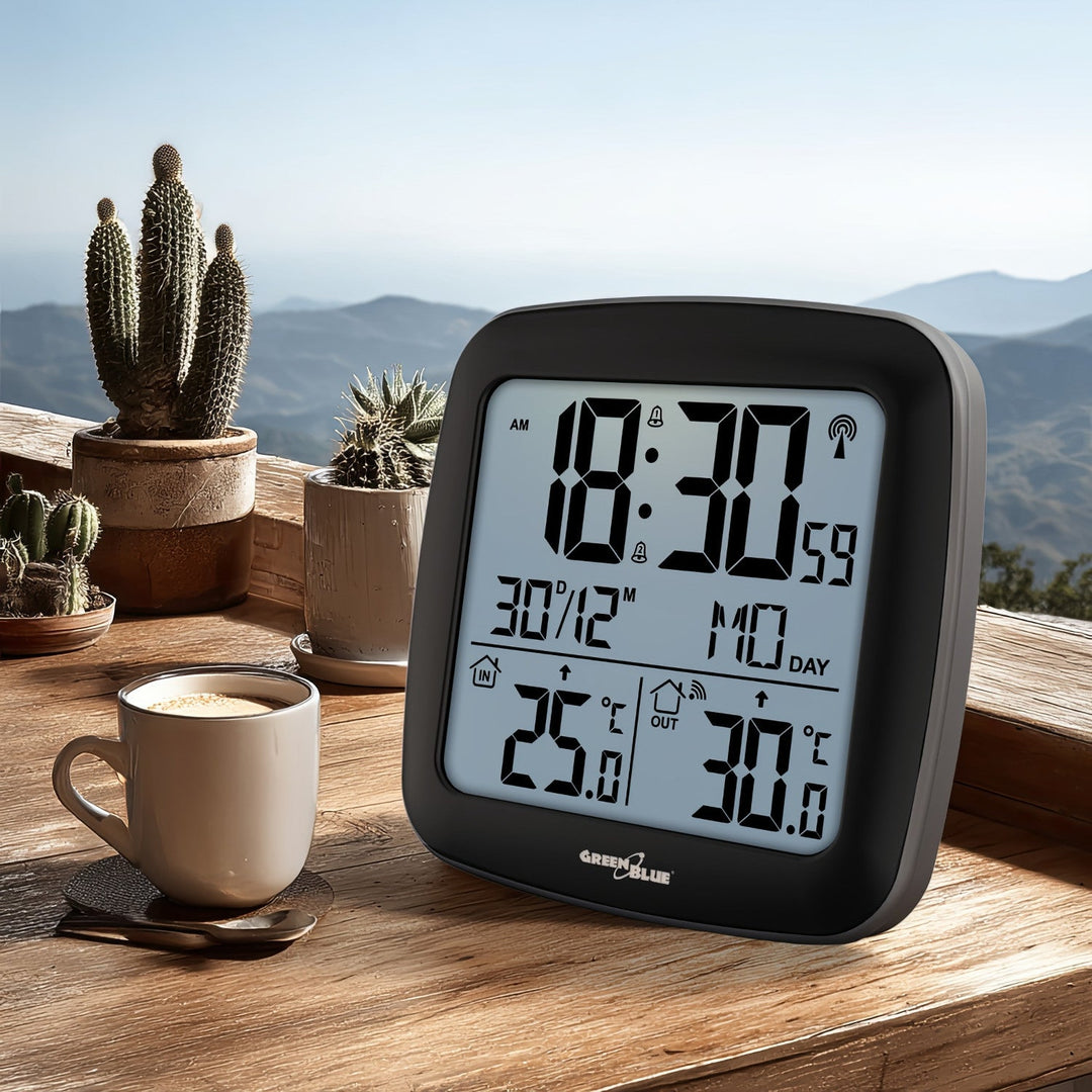 GreenBlue wireless weather station, with DCF system, calendar, alarm, GB542 + 4x Varta Industrial AAA alkaline battery