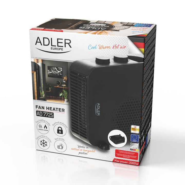 Adler fan heater, 2 power levels, max 2000W, thermostat, black, AD 7725
