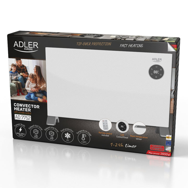 Adler convector heater, LED display, remote control, 3 heating levels, thermostat, max 2000W, AD 7752