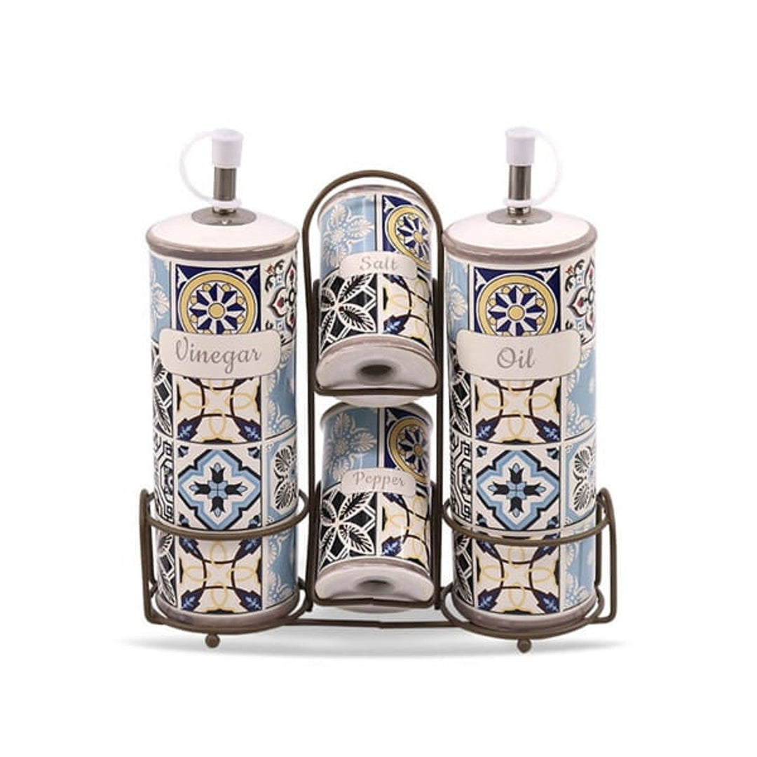 Holiday in Porto Maestro ceramic spice set, 5 pieces, capacity 2x100ml and 2x300ml, With metal stand, MR-20005-04S