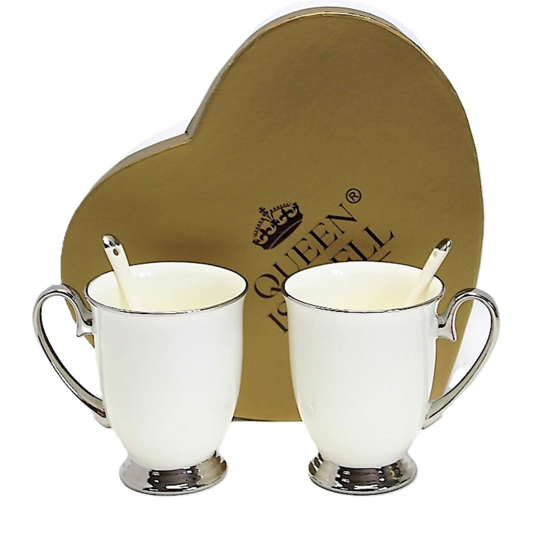 White 2pc Cups Chrome Handles, Teaspoons, Porcelain, Elegant, Queen Isabel
