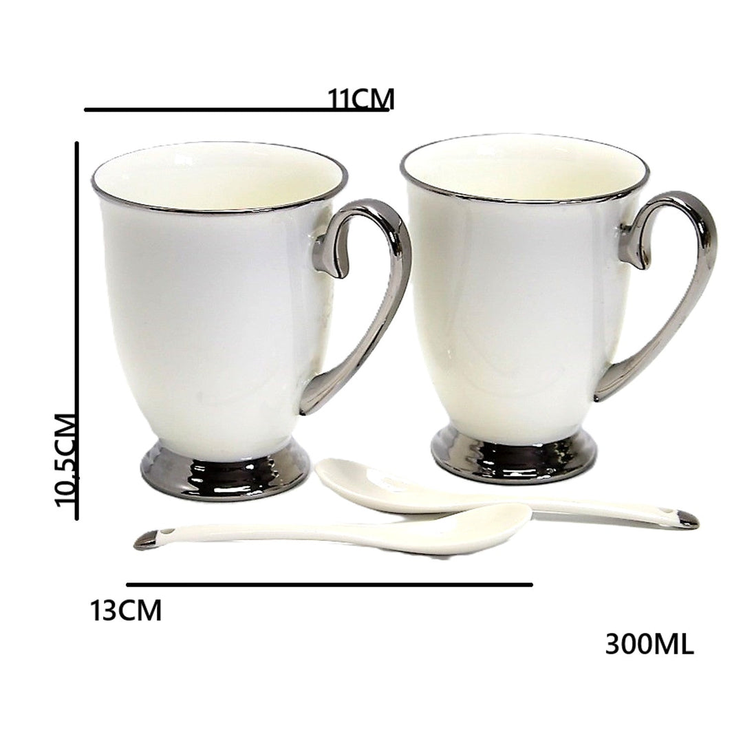 White 2pc Cups Chrome Handles, Teaspoons, Porcelain, Elegant, Queen Isabel