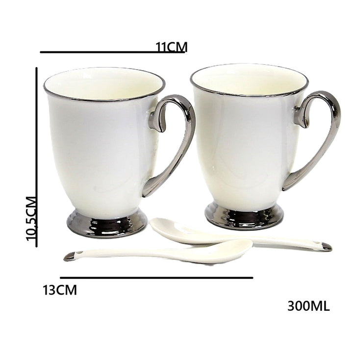 White 2pc Cups Chrome Handles, Teaspoons, Porcelain, Elegant, Queen Isabel