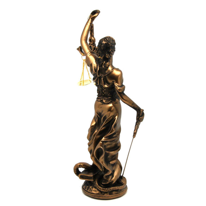 Figurine of Temida with scale and sword, bronze law sculpture, Queen Isabel