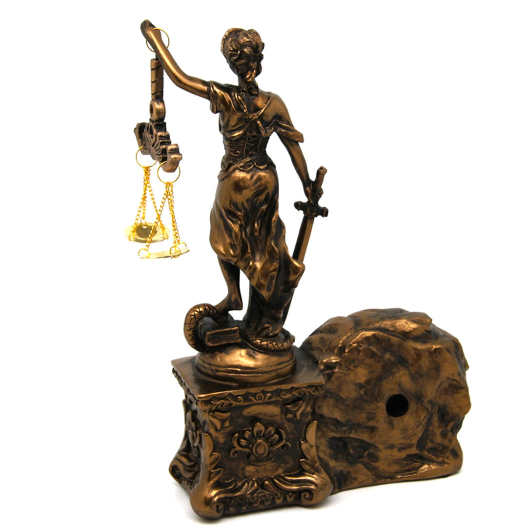 Figurine of Temida with scale and sword, clock, bronze ornament, Queen Isabel