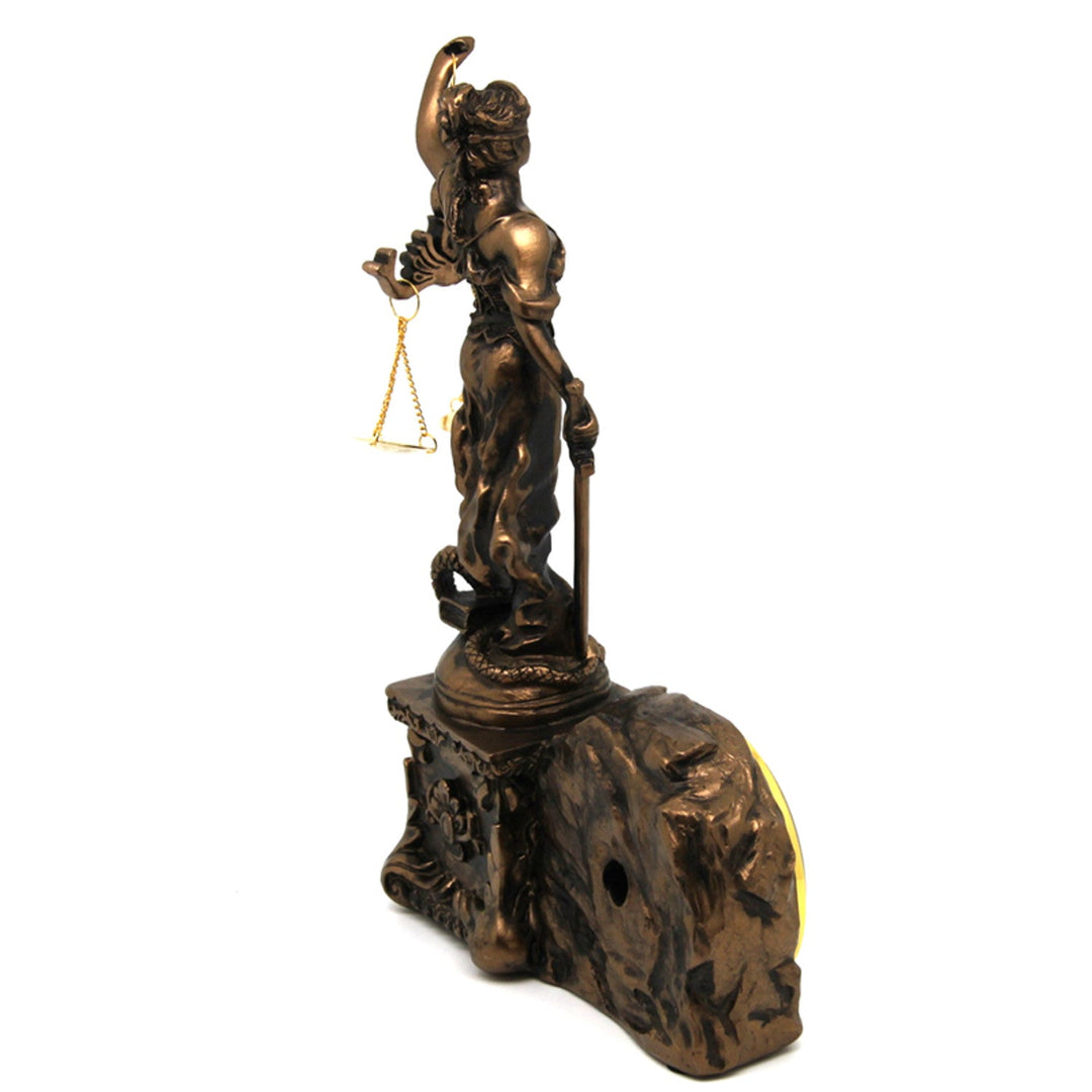 Figurine of Temida with scale and sword, clock, bronze ornament, Queen Isabel