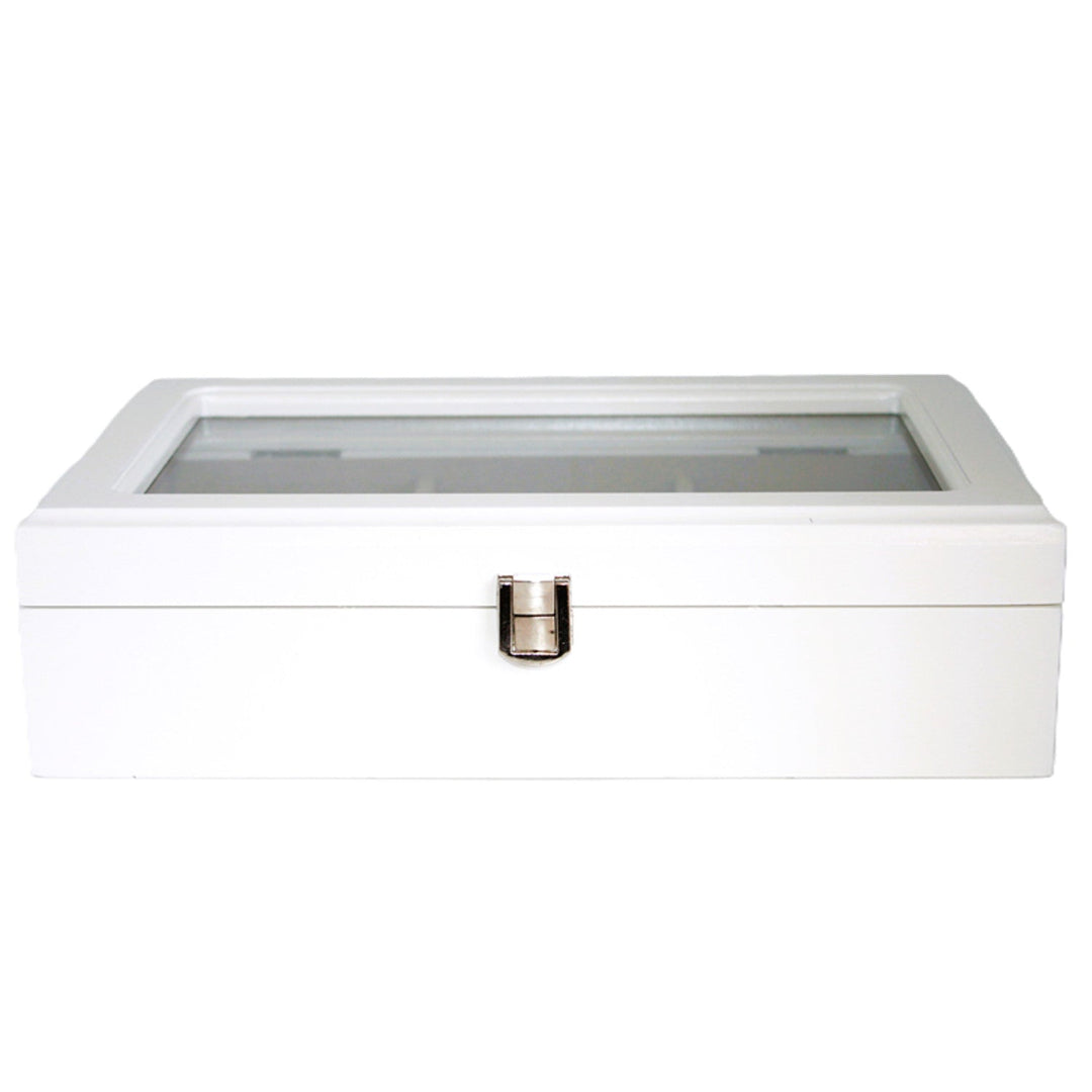 Jewelry box, wooden, white, organizer, compartments, glass lid, Queen Isabel