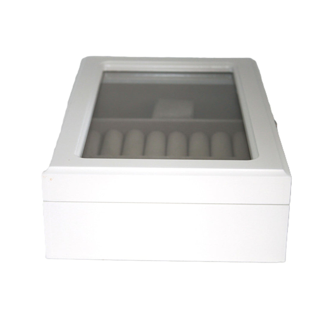 Jewelry box, wooden, white, organizer, compartments, glass lid, Queen Isabel