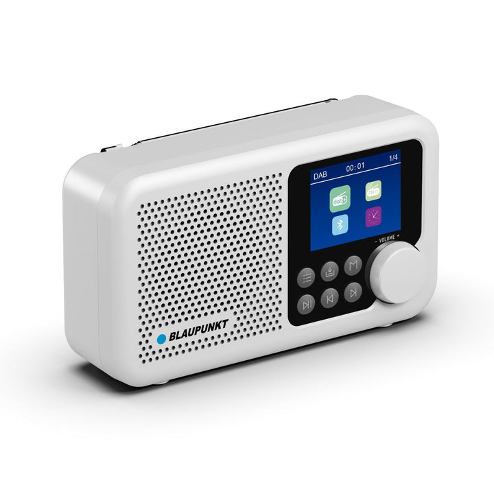 Blaupunkt portable radio, DAB+ digital radio and FM tuner, Bluetooth, headphone output, 2.4 inch color display, clock and alarm function, battery powered and charged via USB-C, DR8WH