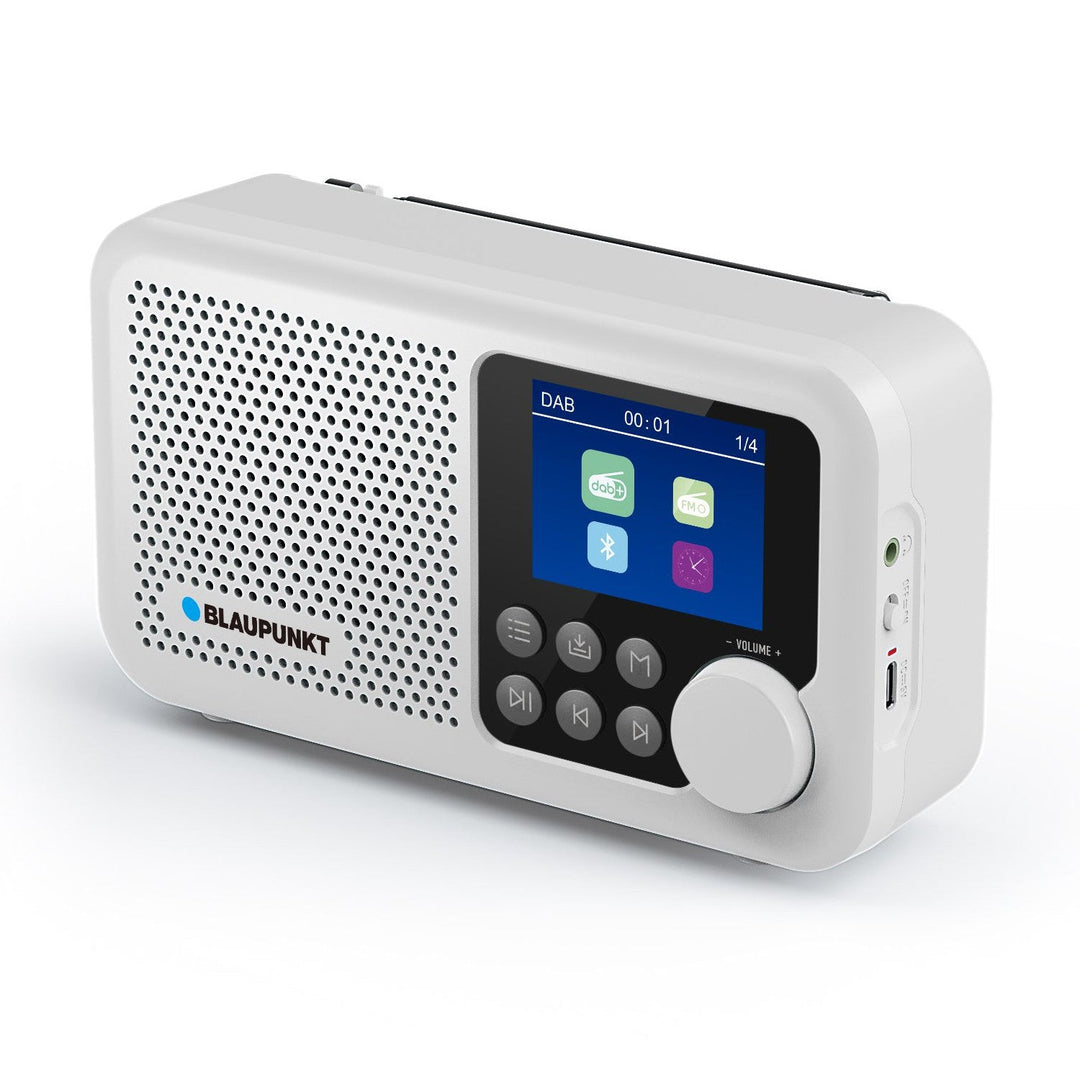 Blaupunkt portable radio, DAB+ digital radio and FM tuner, Bluetooth, headphone output, 2.4 inch color display, clock and alarm function, battery powered and charged via USB-C, DR8WH