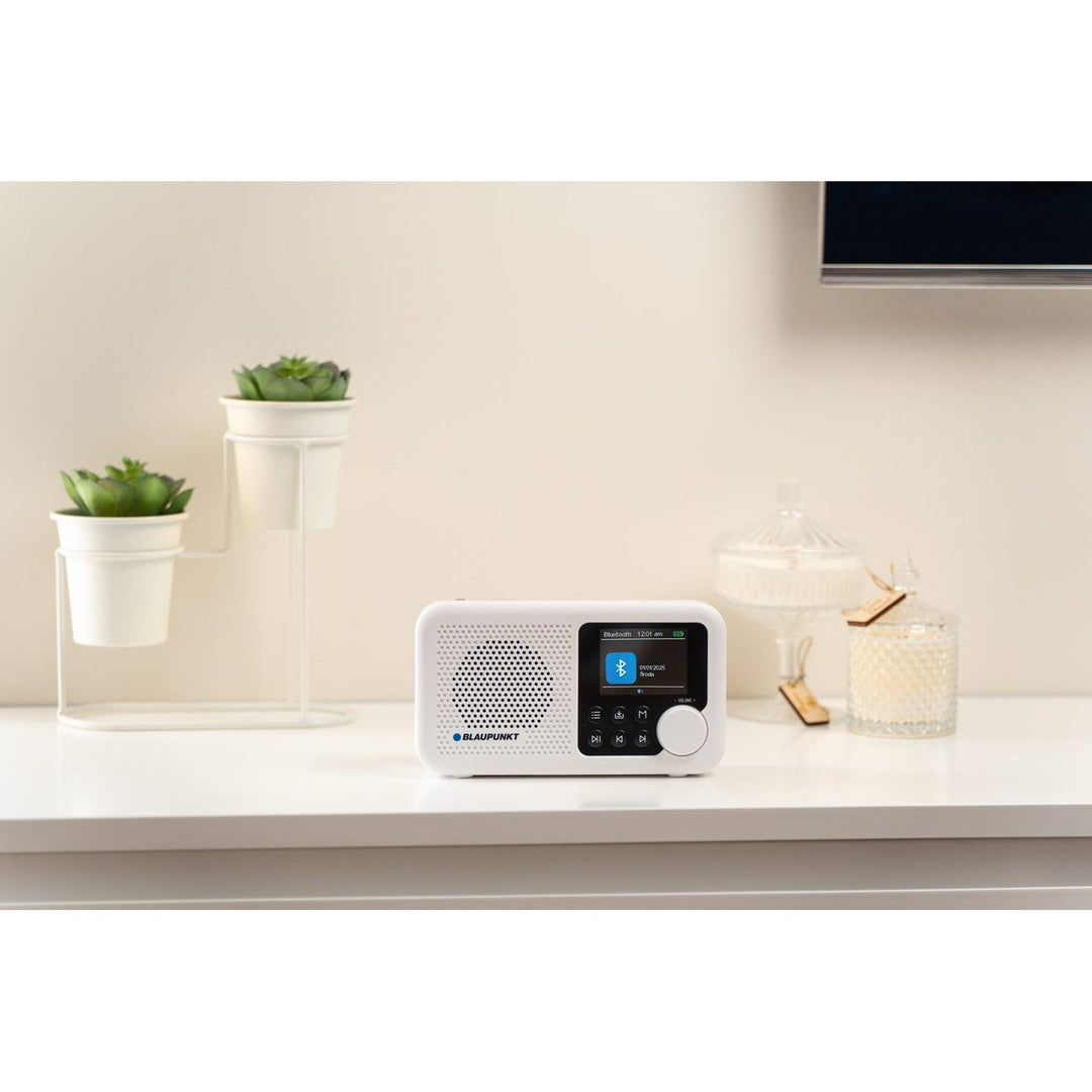 Blaupunkt portable radio, DAB+ digital radio and FM tuner, Bluetooth, headphone output, 2.4 inch color display, clock and alarm function, battery powered and charged via USB-C, DR8WH