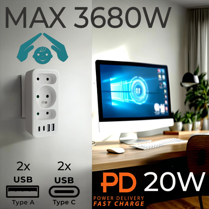 Current socket x3 + 4xUSB Maclean, splitter with 3 sockets, 2xUSB A, 2xUSB C PD 20W, 1x16A + 2x6A, MCE248 F/W, 2 pieces