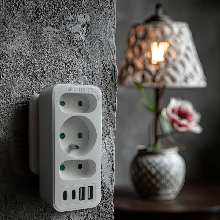 Current socket x3 + 4xUSB Maclean, splitter with 3 sockets, 2xUSB A, 2xUSB C PD 20W, 1x16A + 2x6A, MCE248 F/W, 2 pieces