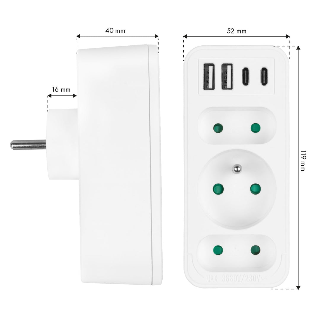 Current socket x3 + 4xUSB Maclean, splitter with 3 sockets, 2xUSB A, 2xUSB C PD 20W, 1x16A + 2x6A, MCE248 F/W, 3 pieces