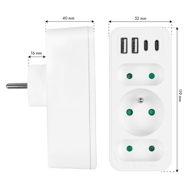 Current socket x3 + 4xUSB Maclean, splitter with 3 sockets, 2xUSB A, 2xUSB C PD 20W, 1x16A + 2x6A, MCE248 F/W, 3 pieces
