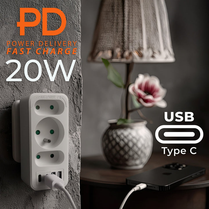 Current socket x3 + 4xUSB Maclean, splitter with 3 sockets, 2xUSB A, 2xUSB C PD 20W, 1x16A + 2x6A, MCE248 F/W, 3 pieces