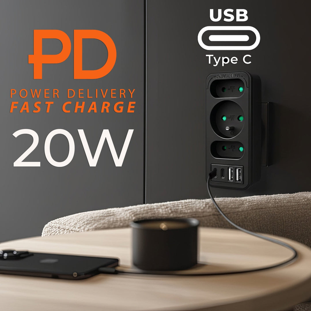 Current socket x3 + 4xUSB Maclean, splitter with 3 sockets, 2xUSB A, 2xUSB C PD 20W, 1x16A + 2x6A, MCE248 F/B, 2 pieces
