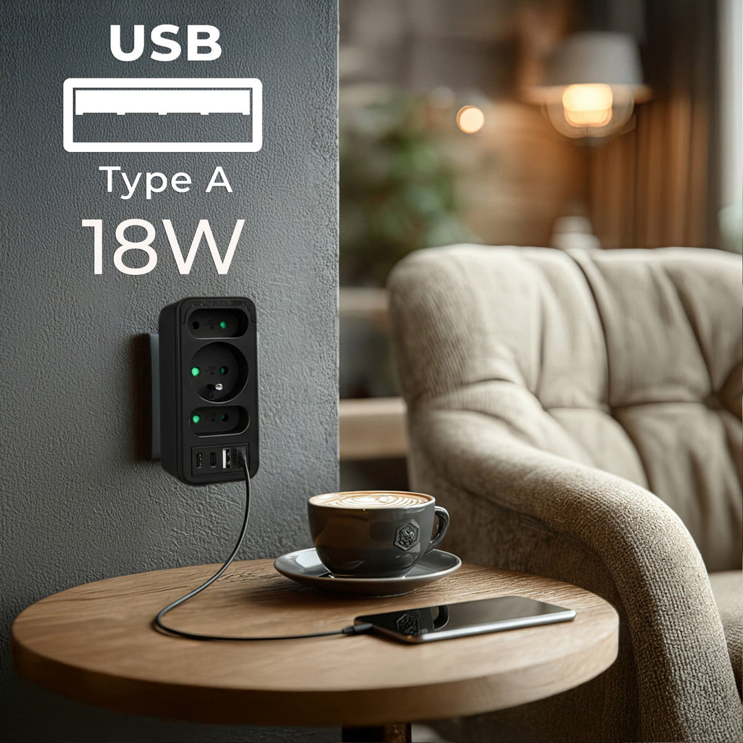 Current socket x3 + 4xUSB Maclean, splitter with 3 sockets, 2xUSB A, 2xUSB C PD 20W, 1x16A + 2x6A, MCE248 F/B, 2 pieces
