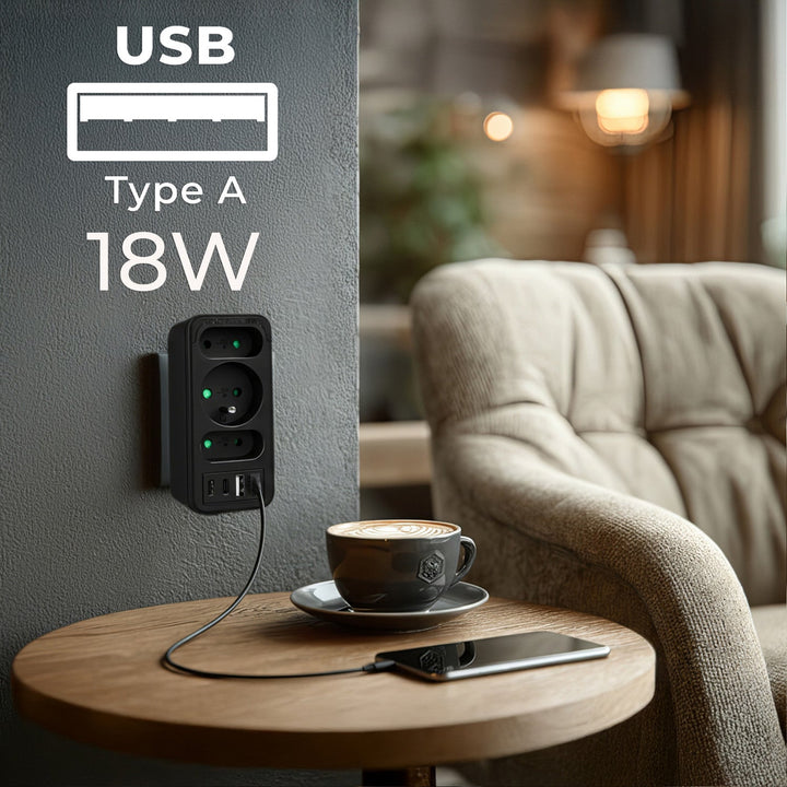 Current socket x3 + 4xUSB Maclean, splitter with 3 sockets, 2xUSB A, 2xUSB C PD 20W, 1x16A + 2x6A, MCE248 F/B, 2 pieces